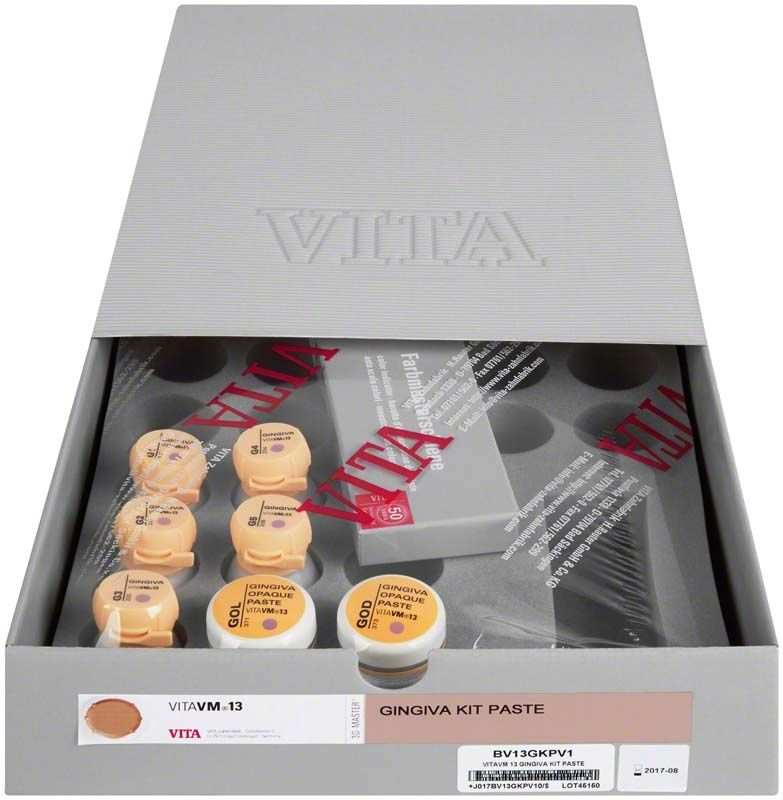 VITAVM®13 Gingiva Kit Paste in geöffneter Verpackung mit mehreren Dosen.