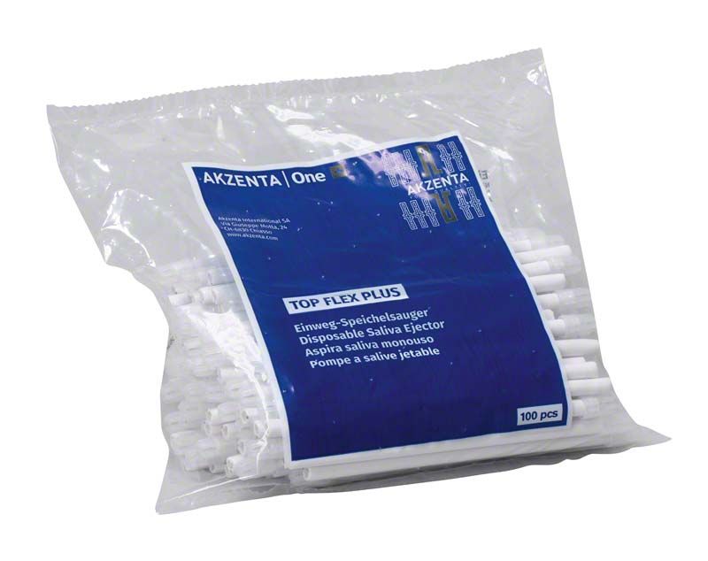 Einweg-Speichelsauger TOP FLEX PLUS in transparenter Verpackung, 100 Stück.
