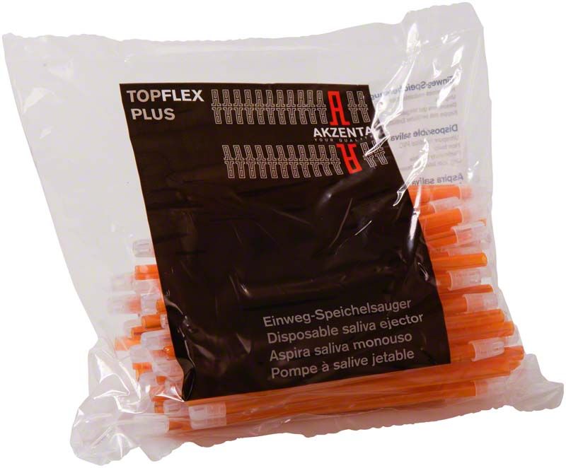 Einweg-Speichelsauger TOP FLEX PLUS 145mm in orange im Beutel.