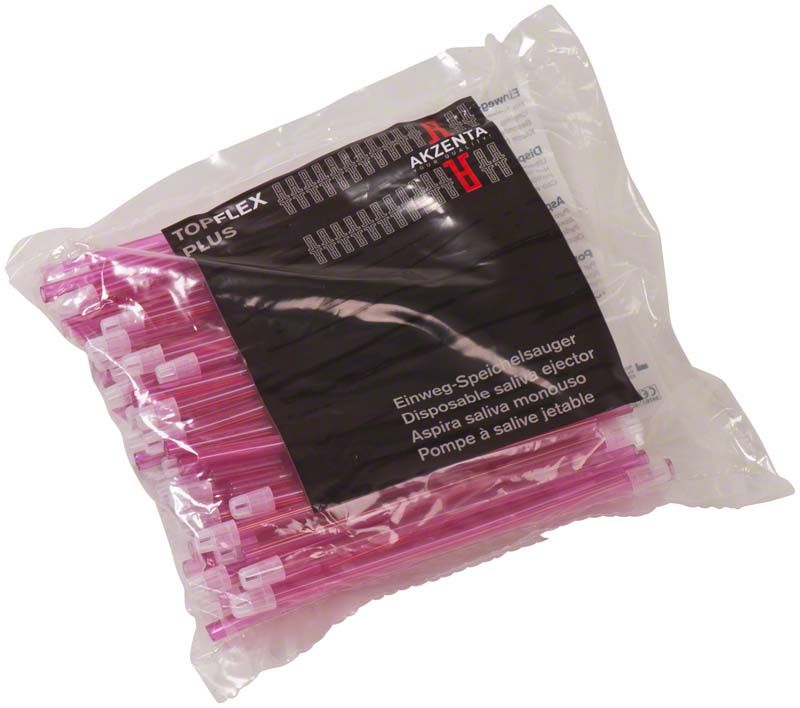 Einmal-Speichelsauger TOP FLEX PLUS 145mm in rosa Verpackung.