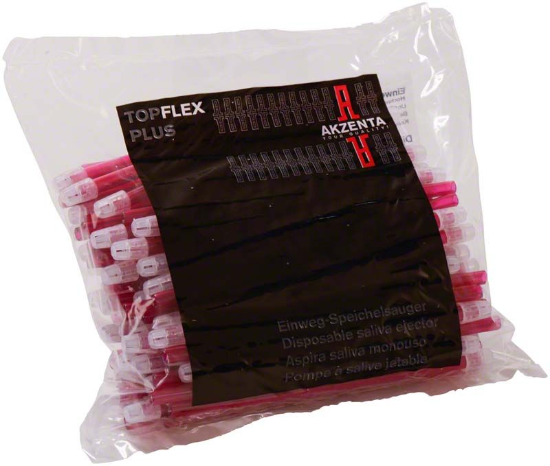 Einweg-Speichelsauger TOP FLEX PLUS 145mm in weinrot in durchsichtiger Verpackung.