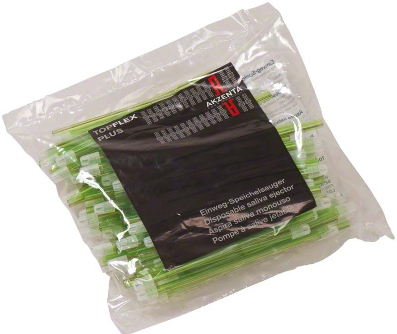 Einmalspeichelsauger TOP FLEX PLUS 145mm in frischem Grün in Verpackung.