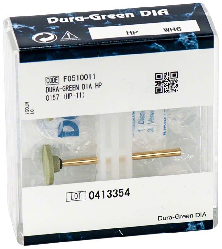 Keramischer Dura-Green® DIA Diamantschleifer in Verpackung für Dentaltechnik.