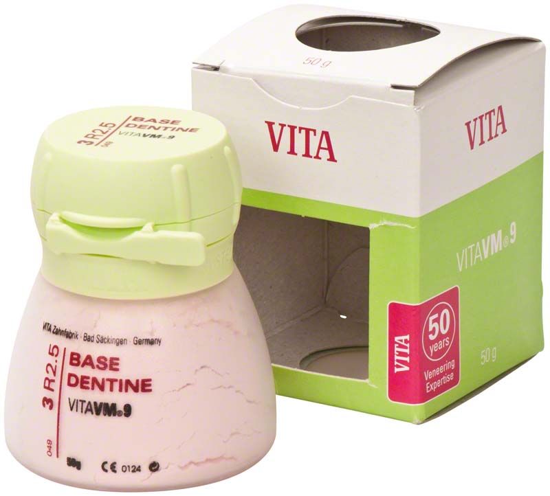 VM9 3D Base Dentin 50g 3R2.5 Keramikdose vor Verpackung.