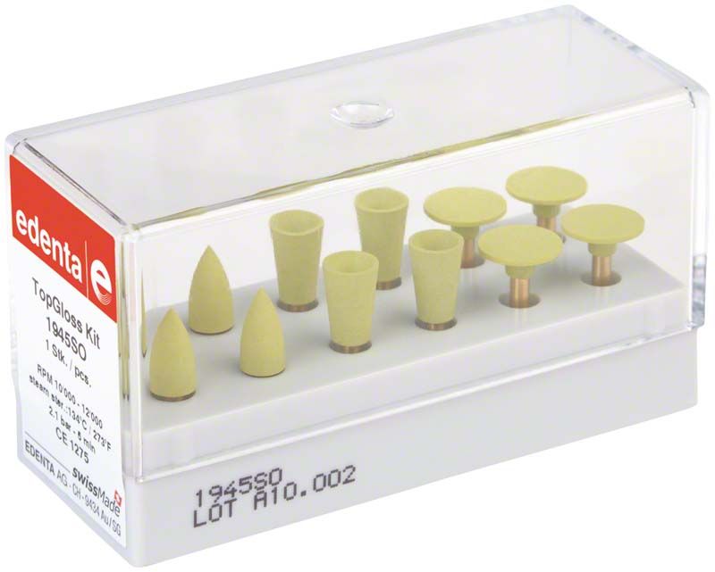 TopGloss Polierer RA Kit 12er in transparenter Verpackung mit mehreren Aufsätzen.