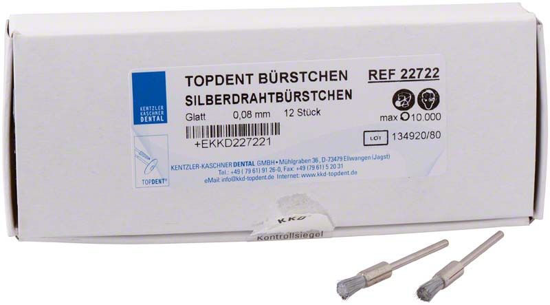 Topdent Silberdrahtbürstchen 0,08 mm in Verpackung mit Produktinformationen.