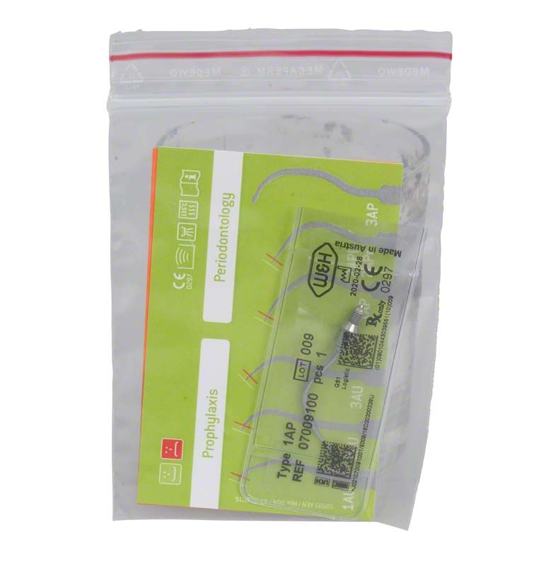 Zahnärztliche Scaler-Spitze Nr. 1AP in transparenter Verpackung.