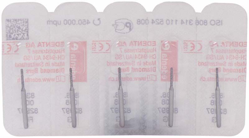 Verpackung von Diamant FG 836 008 Zahnarztbohrern mit CE-Kennzeichnung.