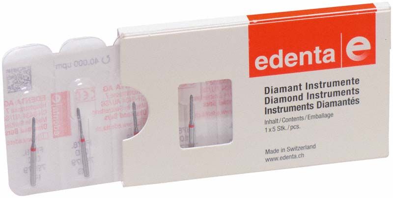 Diamantschleifer FG 878F 010 in geöffneter Verpackung von edenta.