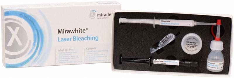 Mirawhite Laser Bleaching Set mit Gel, Spritze und Zubehör in Verpackung.