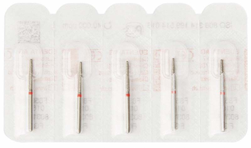 Diamantschleifer FG 850F 016 in Blisterverpackung mit rotem Ring.