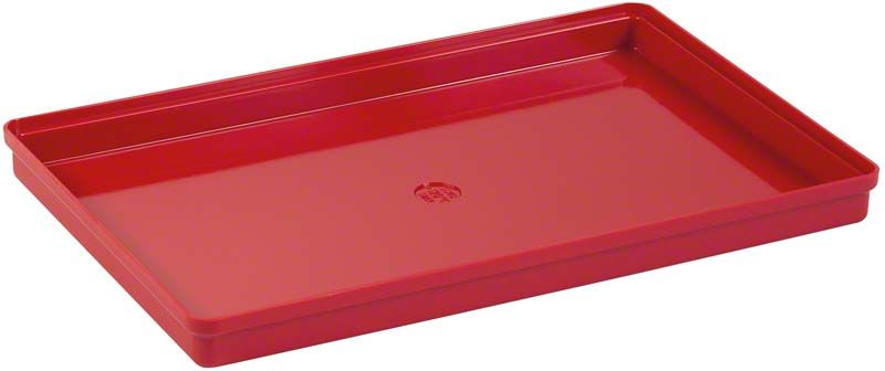Rechteckiges, rotes Tablett aus Kunststoff, flach und ohne Griffe.