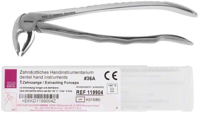 Zahnzange anatomisch für UK Prämolaren, mit Verpackungsetikett.
