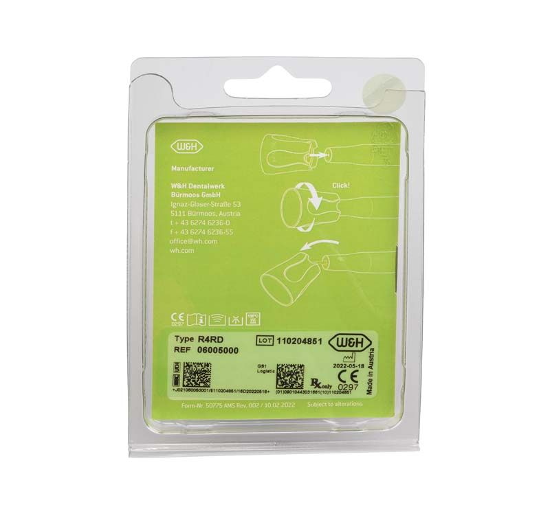 Rückseite der Piezomed Spitze Form R4RD Verpackung mit Herstellerinformationen.