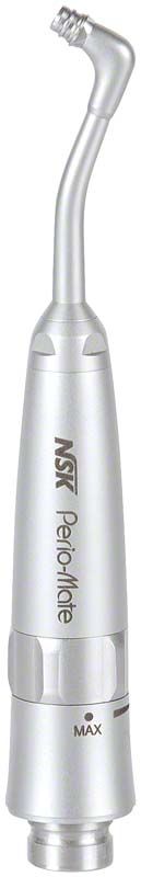 Perio-Mate Handstück in silberner Ausführung mit geschwungenem Sprühkopf.