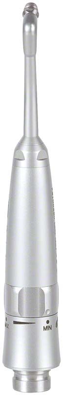 Silbernes Perio-Mate Handstück mit fokussiertem Sprühkopf und Min-Max-Einstellung.