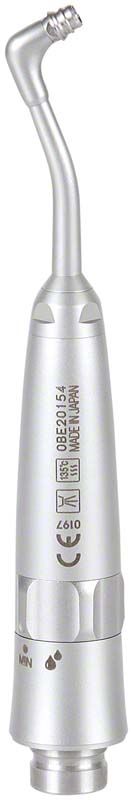 Silbernes Perio-Mate Handstück mit detaillierter Ansicht des geschwungenen Sprühkopfs.