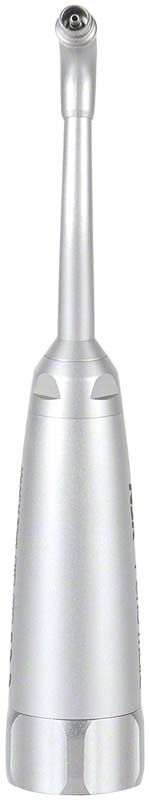 Pulverstrahlinstrument Perio-Mate Handstück in silberner Ausführung, frontal abgebildet.