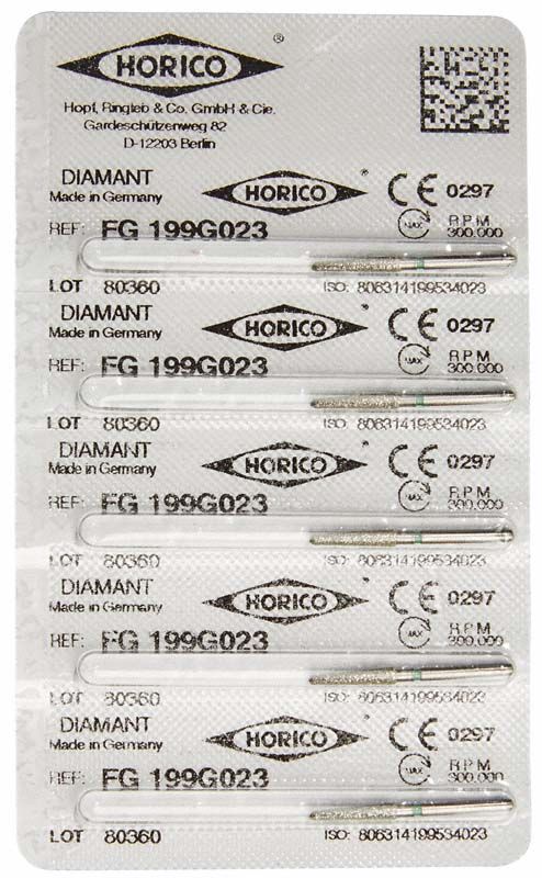 Blisterpackung mit fünf Diamantfräsen FG 199G 023 von Horico.