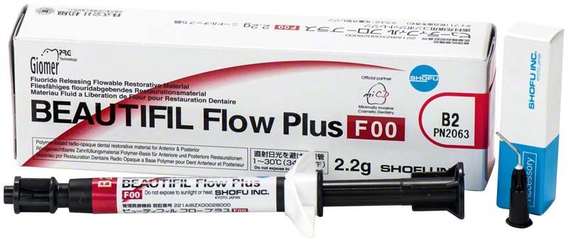 BEAUTIFIL Flow Plus F00 Spritze und Verpackung für dentalen Einsatz.