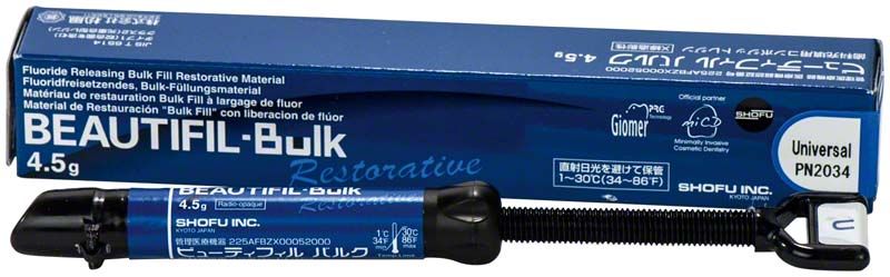 BEAUTIFIL-Bulk Restorative Spritze mit Verpackung, 4,5g, für Zahnfüllungen.