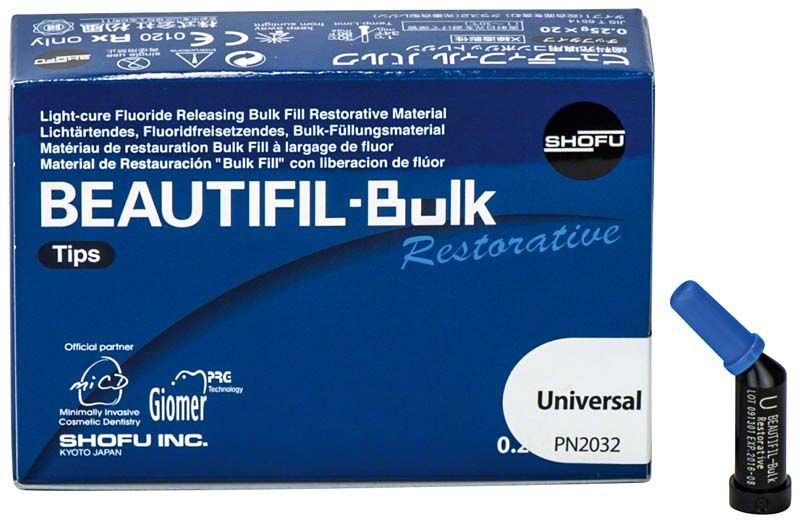 BEAUTIFIL-Bulk Restorative Tips Verpackung und einzelne Applikationsspitze.