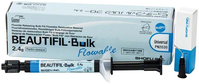 BEAUTIFIL Bulk Flow Spritze Universal mit Verpackung und Applikationsspitze.