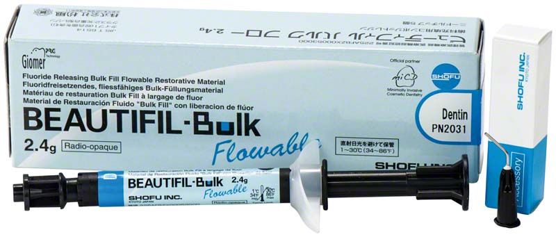BEAUTIFIL Bulk Flow Spritze Dentin mit Verpackung und Applikationsspitze.