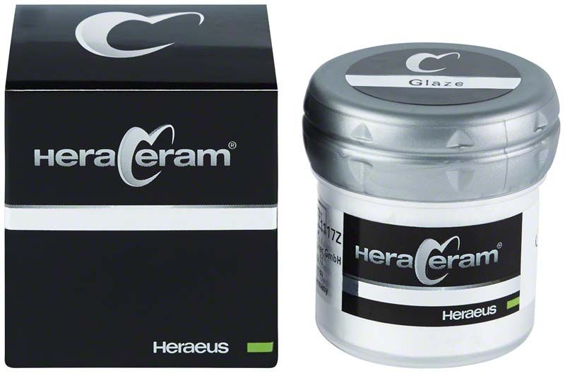 HeraCeram® Glaze universal 20g Verpackung und Glasbehälter mit Deckel.