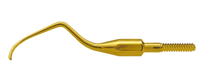Goldfarbene Zahnsteinentfernungs-Spitze in geschwungener Form.
