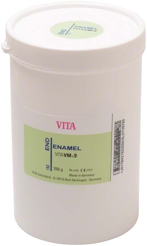 Weiße Verpackung von VM9 Enamel END 250g mit grünem Etikett.