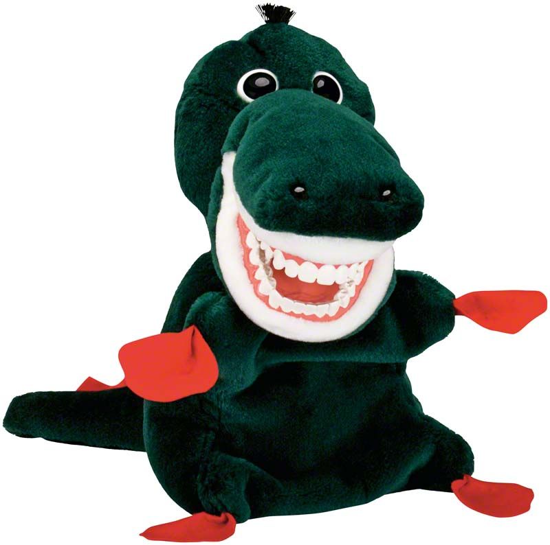 Plüschfigur Drache Putzi mit sichtbaren Zähnen und roten Akzenten.