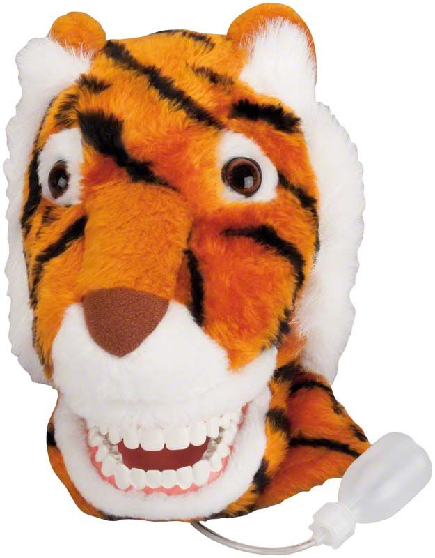 Plüschtiger mit sichtbaren Zähnen und einer Aufbewahrungsschlaufe.