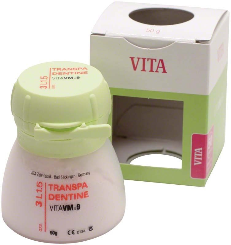 VM9 3D Transpa Dentin 50g 3L1.5 in Kunststoffbehälter mit Verpackung.