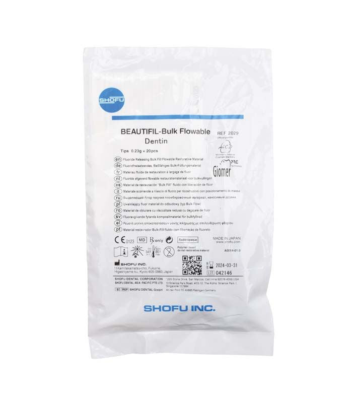 BEAUTIFIL Bulk Flow Tips Dentin Verpackung mit Produktinformationen und Shofu-Logo.