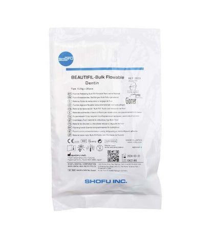 BEAUTIFIL Bulk Flow Tips Dentin Verpackung mit Produktinformationen und Shofu-Logo.