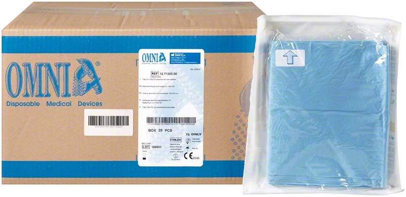 OP-Abdecktuch 100 x 150 cm in Schutzverpackung neben Kartonbox.