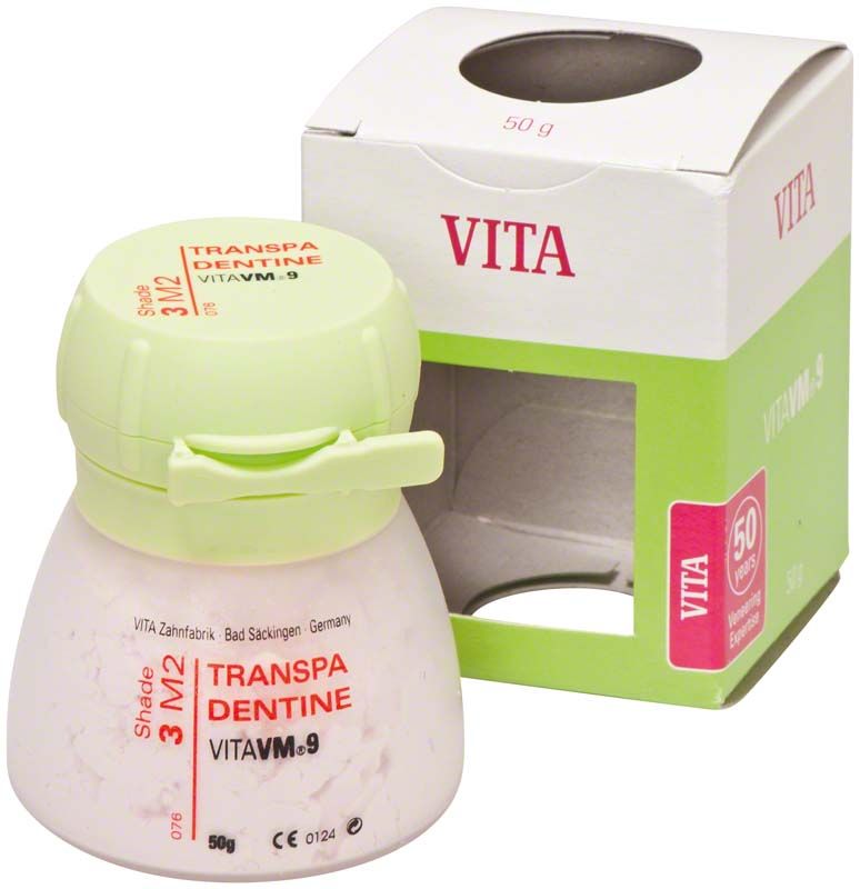VM9 3D Transpa Dentin 50g 3M2 mit Verpackung von VITA Zahnfabrik.