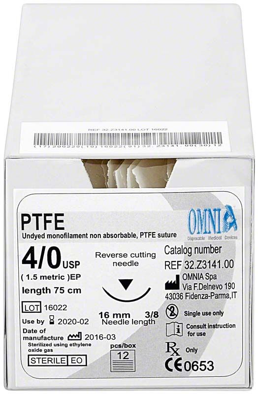 PTFE Monofil Nahtmaterial-Verpackung mit Etikett und Omnia-Logo.