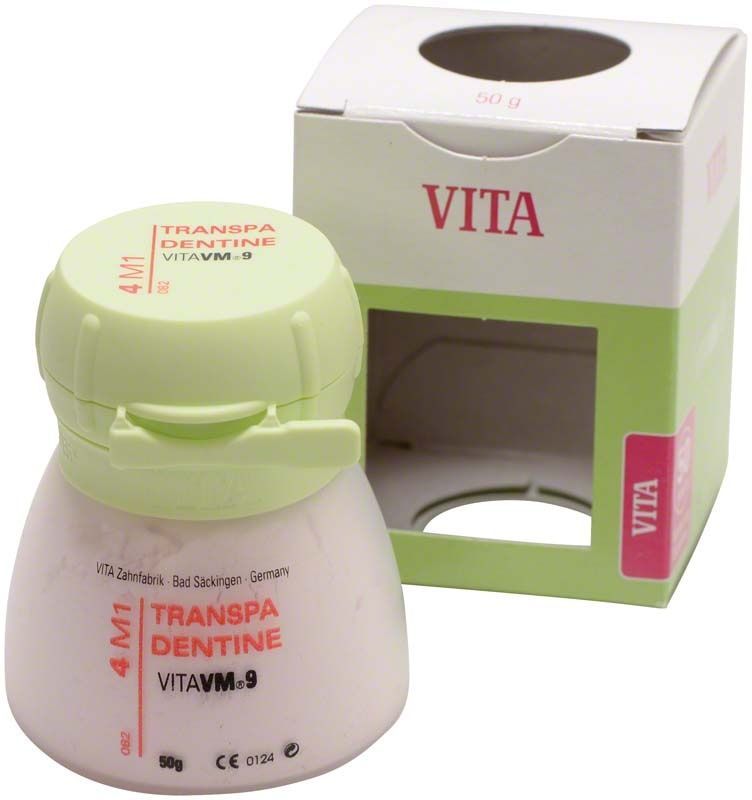 Transpa Dentin 50g 4M1 Zahnpulverbehälter neben der Verpackung.