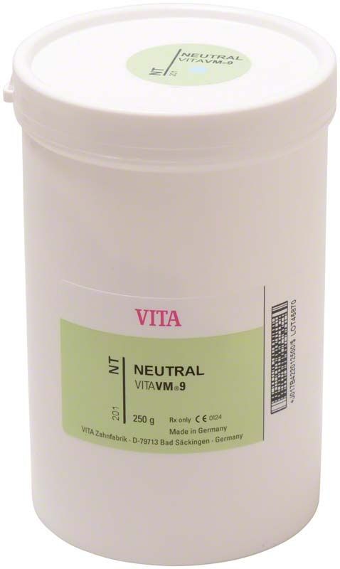 Weißer Behälter mit VITA VM9 Neutral NT 250g Etikett.