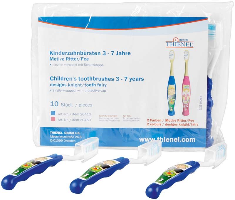 Kinderzahnbürsten-Set mit Ritter-Motiv und Schutzkappen, 10 Stück, in Verpackung.