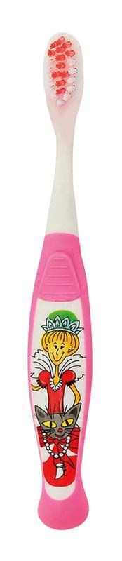 Kinderzahnbürste in Pink mit Feenmotiv und ergonomischem Griff.