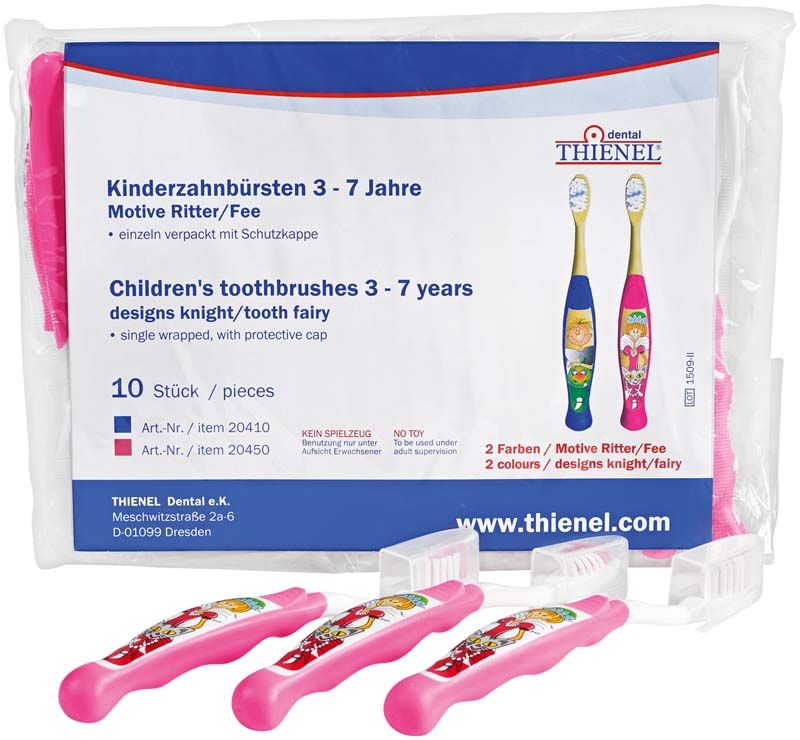 Kinderzahnbürsten 10er-Pack mit Feenmotiv und ergonomischem Griff in rosa Verpackung.