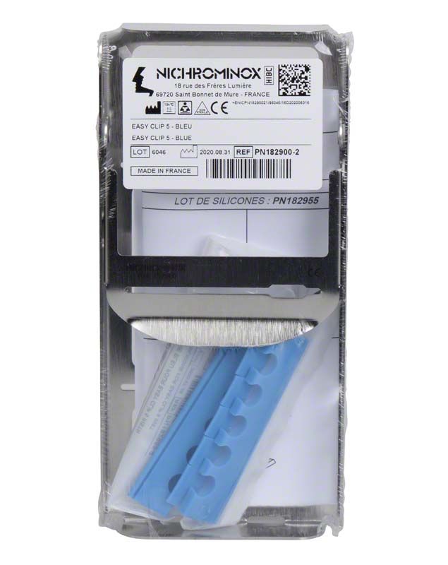 Instrumententray EASY-CLIP 5 Blau mit farbigem Instrumentensteg im Karton.