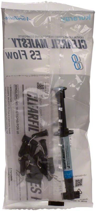 Kuraray Clearfil Majesty ES Flow Composite-Spritze mit Zubehör in Verpackung.