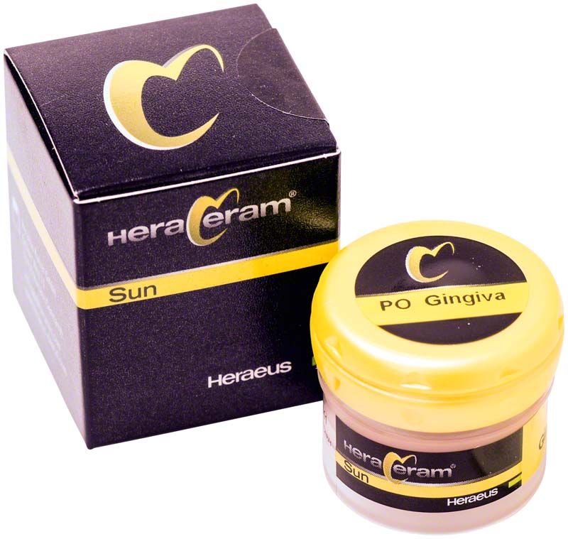 HeraCeram®Sun Intensiv-Opaker Gingiva in gelbem Behälter neben schwarzer Verpackung.