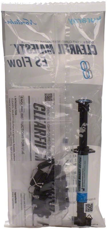 Verpackung von Clearfil Majesty ES Flow Farbe A3,5 mit Spritze und Anleitungen.