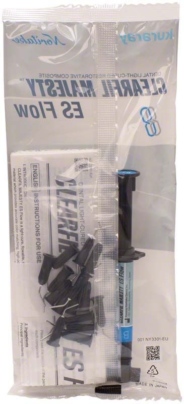 Verpackung von Clearfil Majesty ES Flow Farbe B2 mit Spritze und Anweisungen.