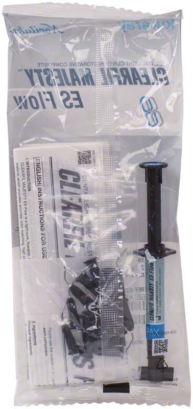 Kunststoffspritze mit Clearfil Majesty ES Flow Farbe XW in transparenter Verpackung.